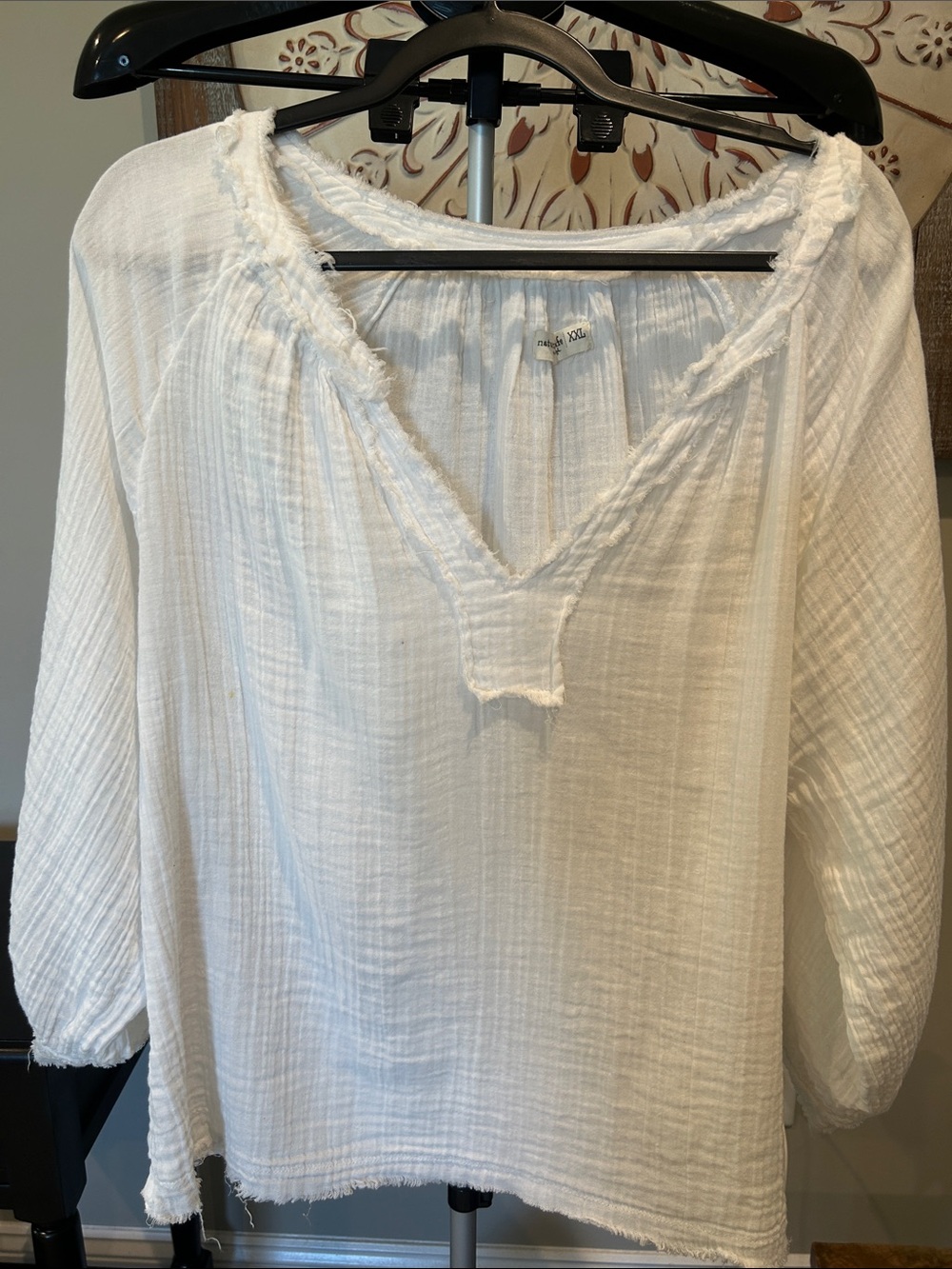 NATURAL LIFE Women’s White Gauze Peasant Tunic with Frayed V-Neck Size XXL
